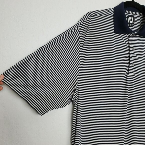 FootJoy Mens Golf Polo Size M Blue White Striped Short Sleeve Button LOGO - Picture 4 of 9